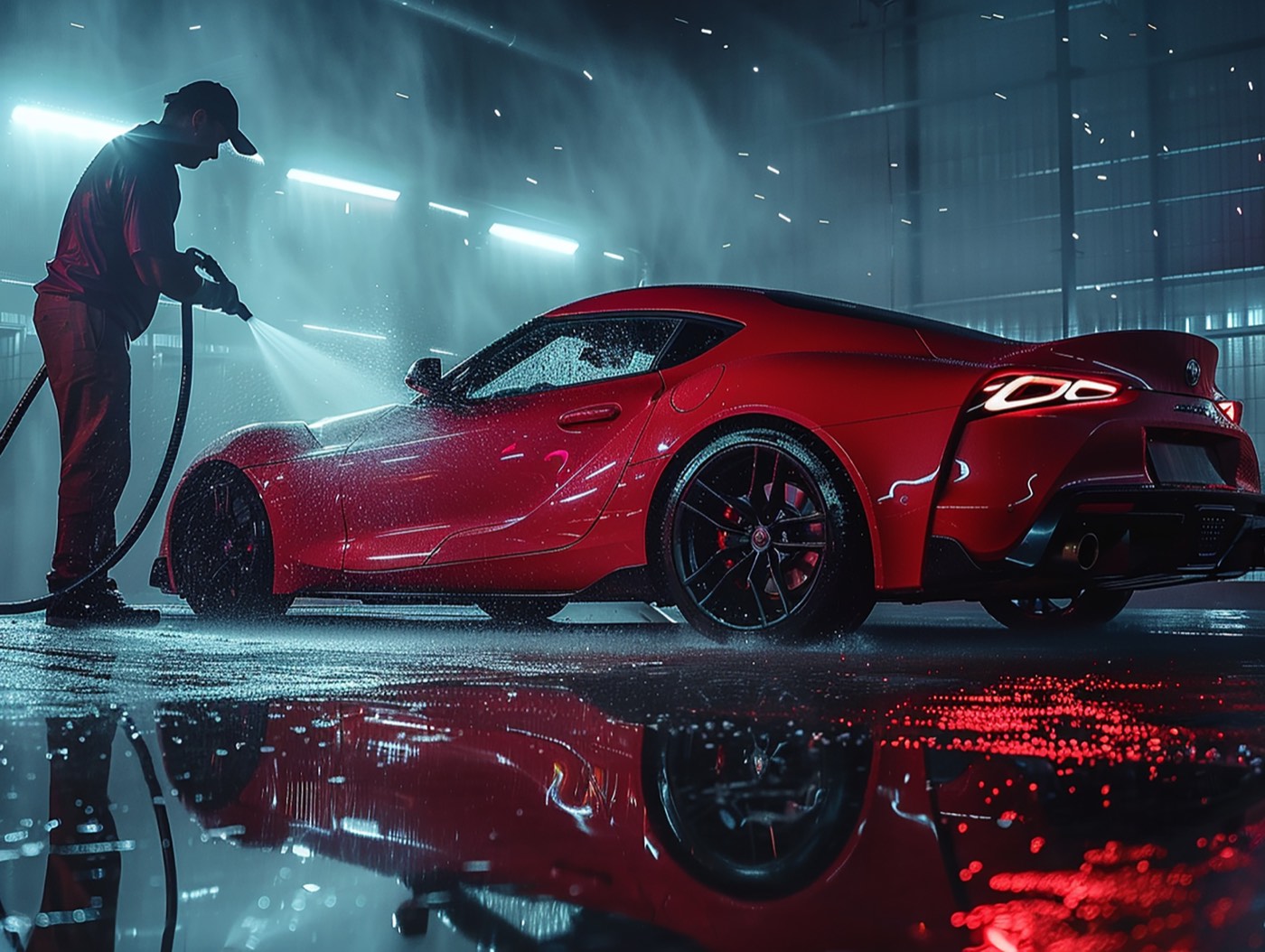 Freshly detailed red sports car with a mirror-finish paint surface